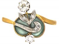 Art Nouveau 18ct Gold & Platinum, Plique-à-jour & Diamond Ring
