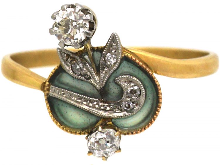 Art Nouveau 18ct Gold & Platinum, Plique-à-jour & Diamond Ring