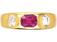Victorian 18ct Gold, Ruby & Old Mine Cut Diamond Rub Over Ring