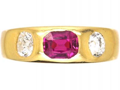 Victorian 18ct Gold, Ruby & Old Mine Cut Diamond Rub Over Ring