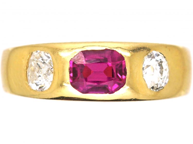 Victorian 18ct Gold, Ruby & Old Mine Cut Diamond Rub Over Ring