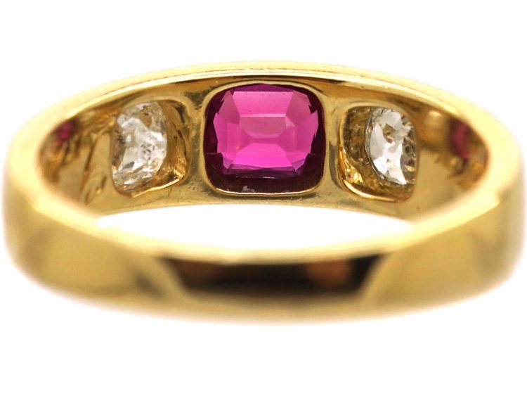 Victorian 18ct Gold, Ruby & Old Mine Cut Diamond Rub Over Ring