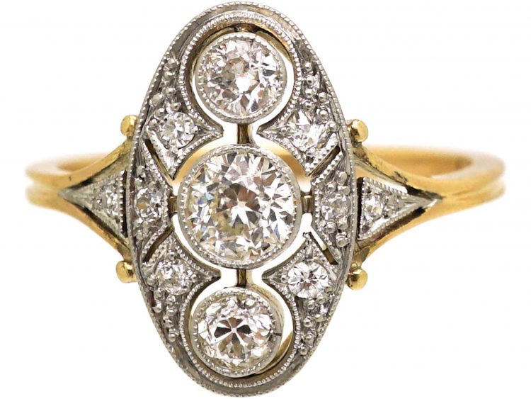 Early 20th Century 18ct Gold & Platinum, Diamond Three Stone Plaque Ring