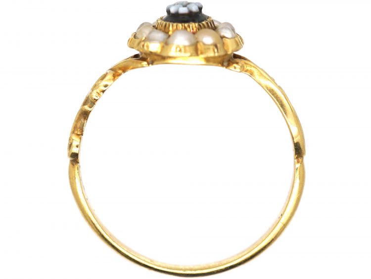 Early 19th Century 15ct Gold, Natural Split Pearls & Carved Onyx Flower Ring