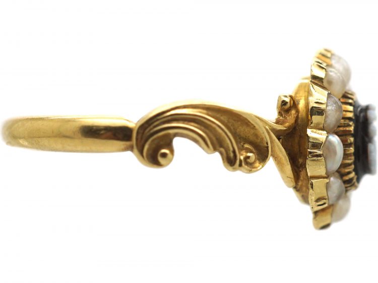 Early 19th Century 15ct Gold, Natural Split Pearls & Carved Onyx Flower Ring
