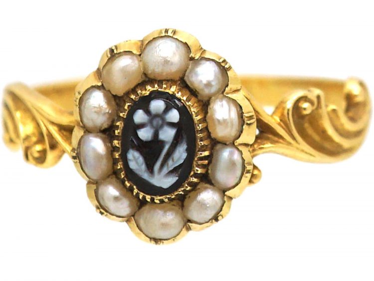 Early 19th Century 15ct Gold, Natural Split Pearls & Carved Onyx Flower Ring