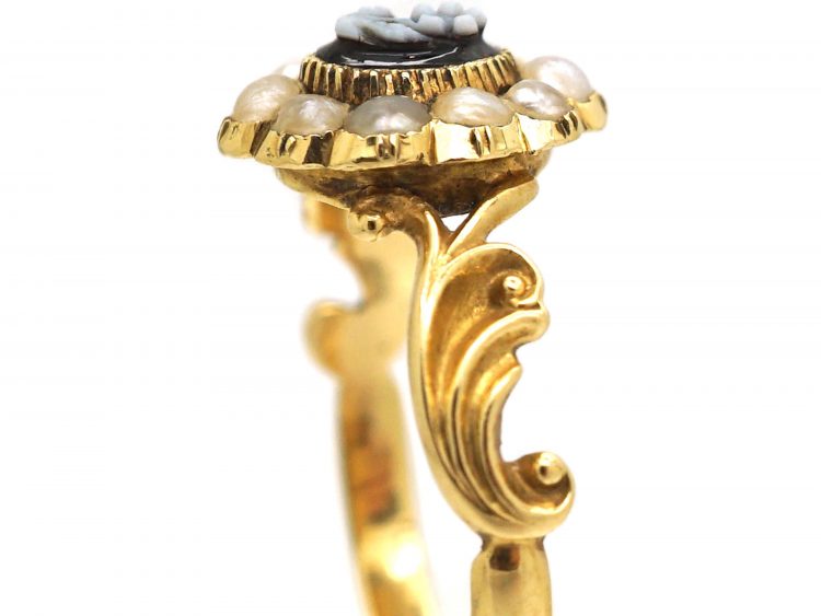 Early 19th Century 15ct Gold, Natural Split Pearls & Carved Onyx Flower Ring