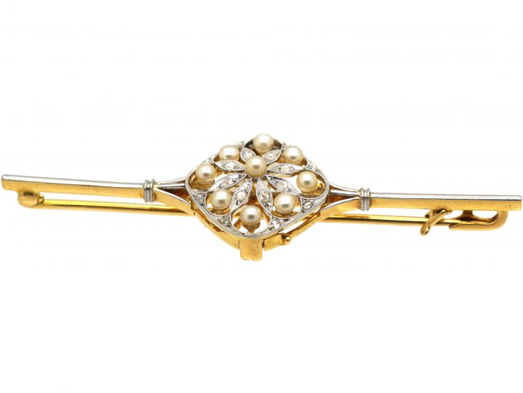 Edwardian 15ct Gold & Platinum, Rose Diamond & Natural Pearl Brooch