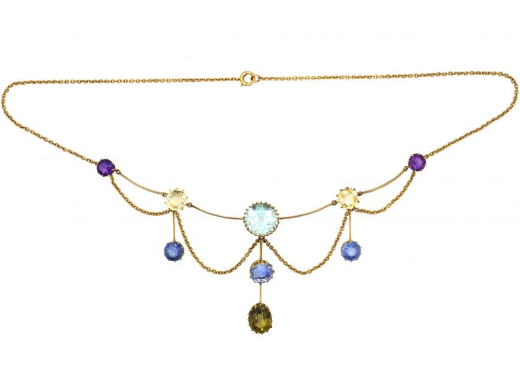 Edwardian 18ct Gold Harlequin Necklace set with Aquamarine, Sapphires, Amethysts & Chrysoberyl