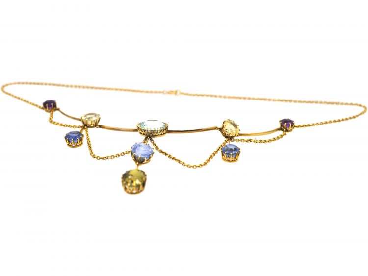 Edwardian 18ct Gold Harlequin Necklace set with Aquamarine, Sapphires, Amethysts & Chrysoberyl