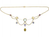 Edwardian 18ct Gold Harlequin Necklace set with Aquamarine, Sapphires, Amethysts & Chrysoberyl