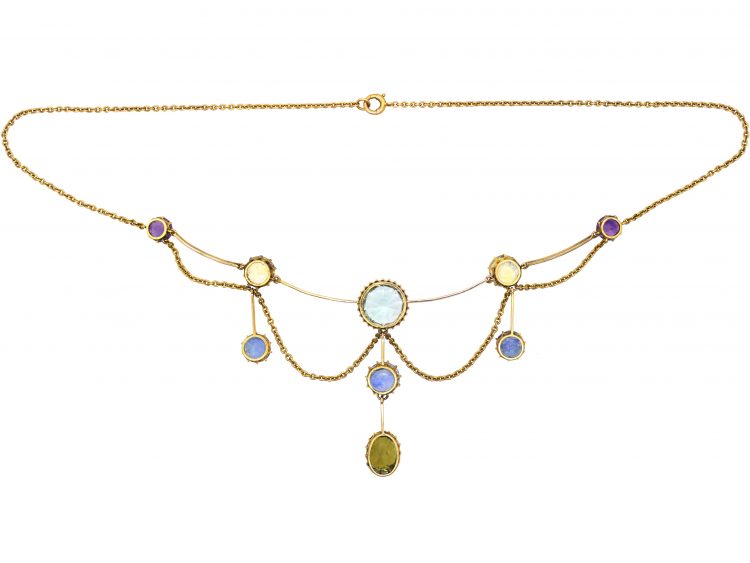 Edwardian 18ct Gold Harlequin Necklace set with Aquamarine, Sapphires, Amethysts & Chrysoberyl