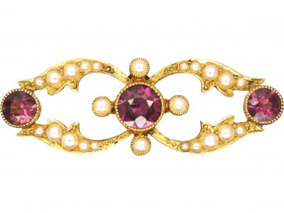 Edwardian 15ct Gold Brooch set with Three Garnets & Natural Split Pearls