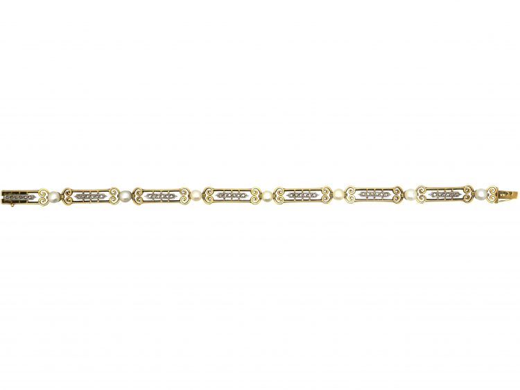 French Art Nouveau 18ct Gold, Natural Bouton Pearl & Rose Diamond Bracelet