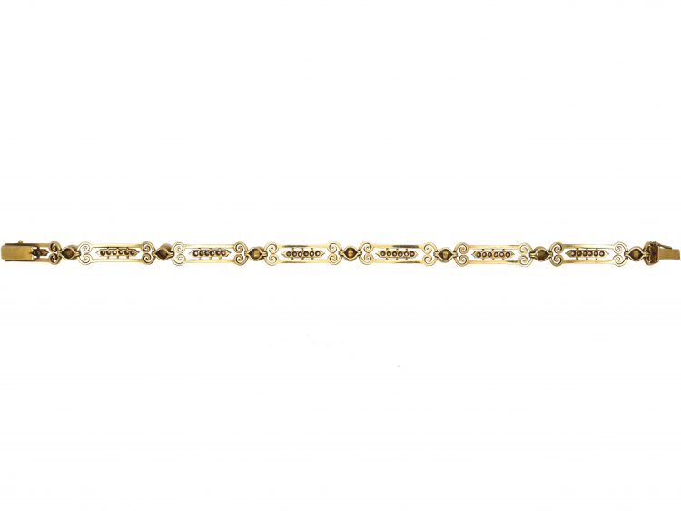French Art Nouveau 18ct Gold, Natural Bouton Pearl & Rose Diamond Bracelet