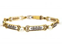 French Art Nouveau 18ct Gold, Natural Bouton Pearl & Rose Diamond Bracelet