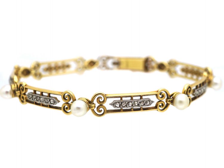 French Art Nouveau 18ct Gold, Natural Bouton Pearl & Rose Diamond Bracelet