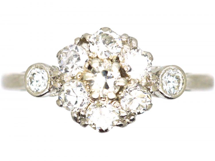Edwardian Platinum & Diamond Cluster Ring with Diamond Set Shoulders