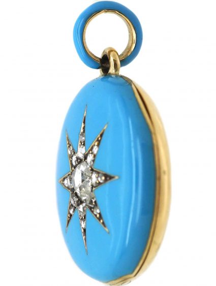 Victorian 18ct Gold Turquoise Blue Enamel Locket with Rose Diamond Star
