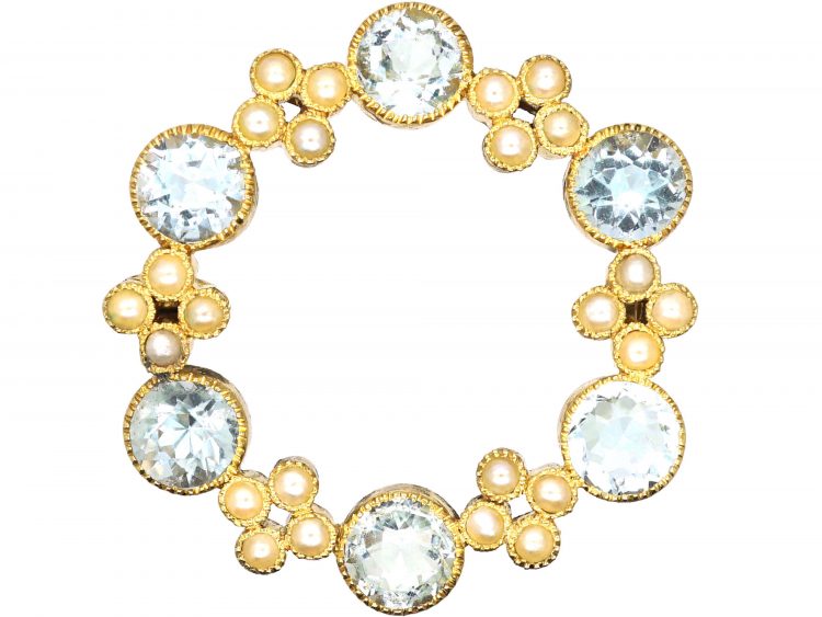 Edwardian 15ct Gold, Aquamarine & Natural Split Pearl Round Brooch