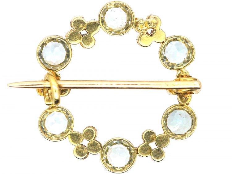 Edwardian 15ct Gold, Aquamarine & Natural Split Pearl Round Brooch