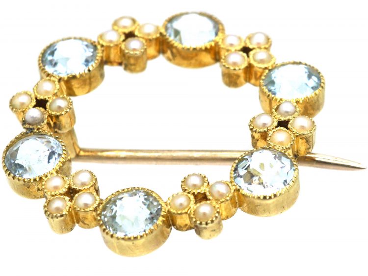 Edwardian 15ct Gold, Aquamarine & Natural Split Pearl Round Brooch