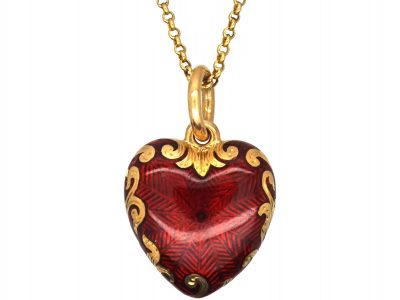 Edwardian 18ct Gold & Red Enamel Heart Pendant on 18ct Gold Chain