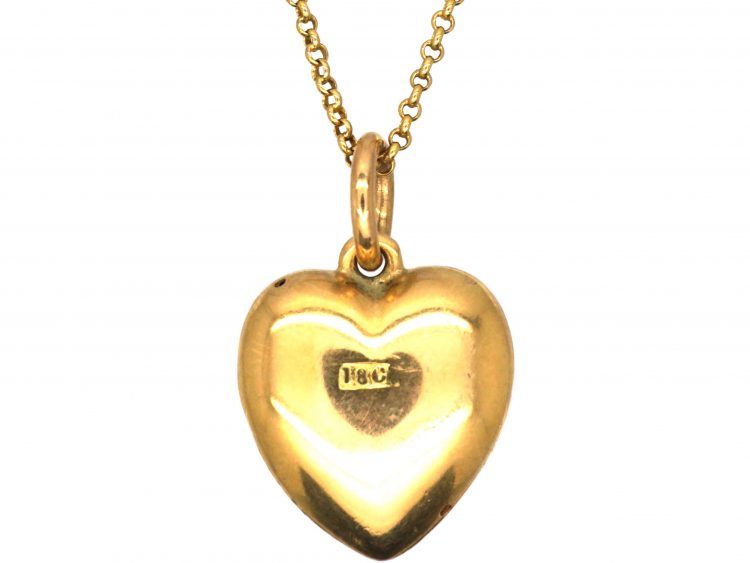 Edwardian 18ct Gold & Red Enamel Heart Pendant on 18ct Gold Chain