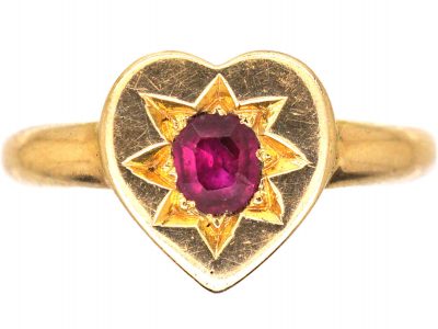 Edwardian 18ct Gold Heart Shaped Ring set with a Ruby