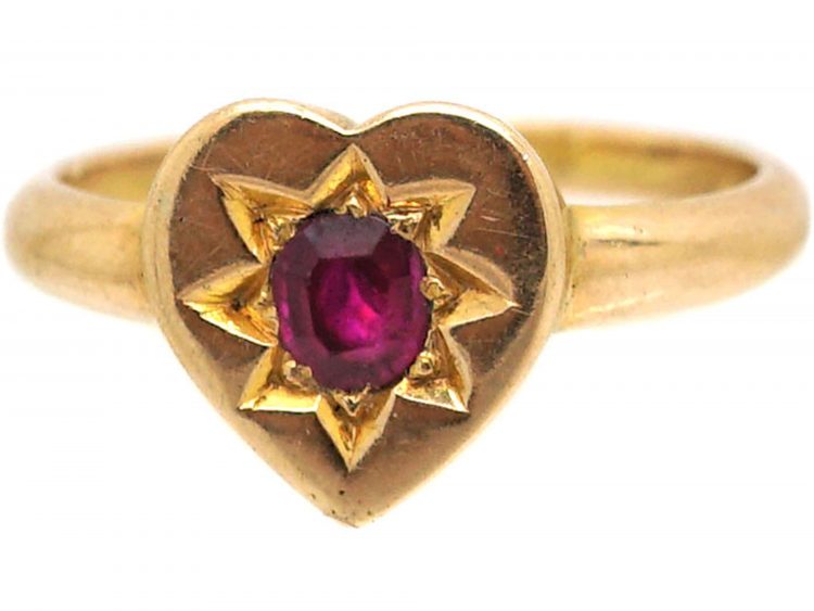 Edwardian 18ct Gold Heart Shaped Ring set with a Ruby