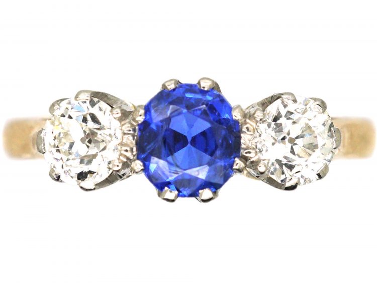 Early 20th Century 18ct Gold & Platinum, Sapphire & Diamond Three Stone Ring