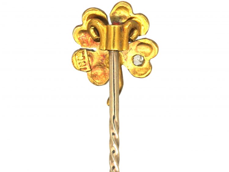 Edwardian 18ct Gold & Green Enamel Four Leaf Clover Tie Pin set with a Diamond