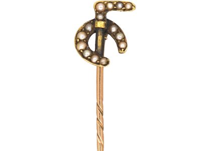 Edwardian 15ct Gold & Natural Split Pearl Tie Pin of a Horseshoe & Whip