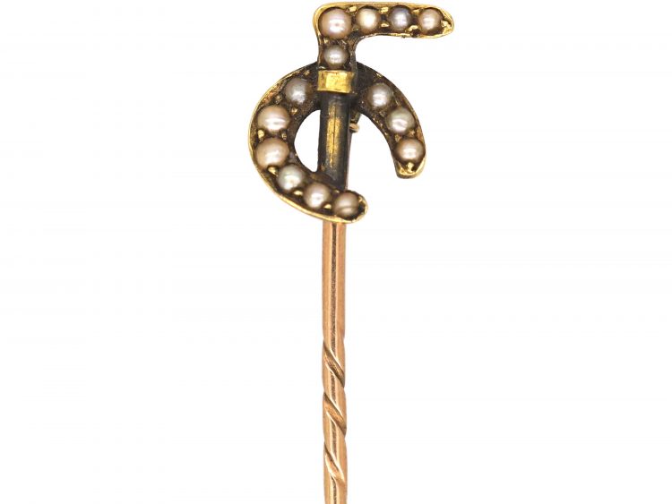 Edwardian 15ct Gold & Natural Split Pearl Tie Pin of a Horseshoe & Whip
