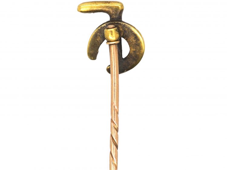 Edwardian 15ct Gold & Natural Split Pearl Tie Pin of a Horseshoe & Whip