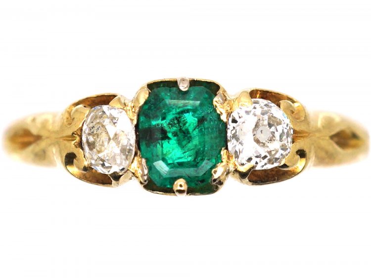 Victorian 18ct Gold, Emerald & Old Mine Cut Diamond Three Stone Ring
