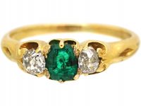 Victorian 18ct Gold, Emerald & Old Mine Cut Diamond Three Stone Ring