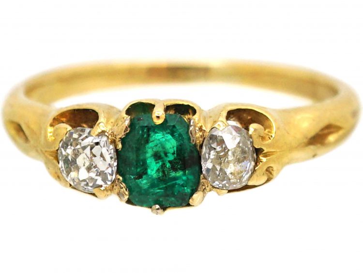 Victorian 18ct Gold, Emerald & Old Mine Cut Diamond Three Stone Ring