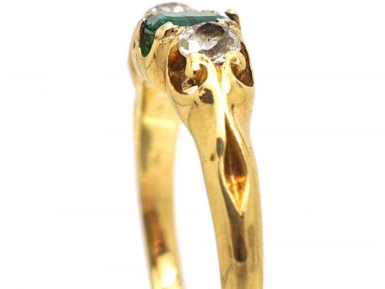 Victorian 18ct Gold, Emerald & Old Mine Cut Diamond Three Stone Ring