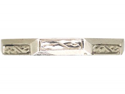 Art Deco Platinum Wedding Hexagonal Ring with Engraved Detail