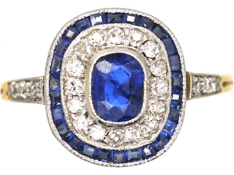 Art Deco 18ct Gold & Platinum, Sapphire & Diamond Target Ring