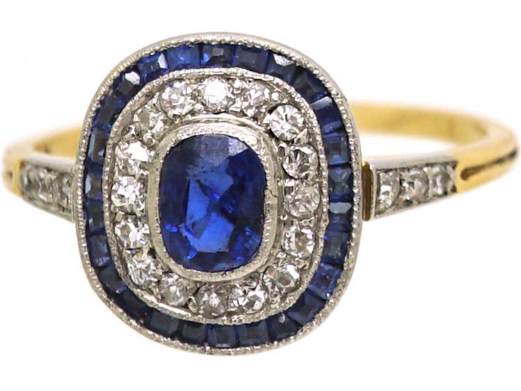 Art Deco 18ct Gold & Platinum, Sapphire & Diamond Target Ring