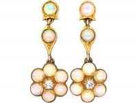 Edwardian 9ct Gold Cluster Drop Earrings set with Opals & Diamonds