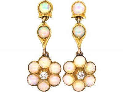 Edwardian 9ct Gold Cluster Drop Earrings set with Opals & Diamonds