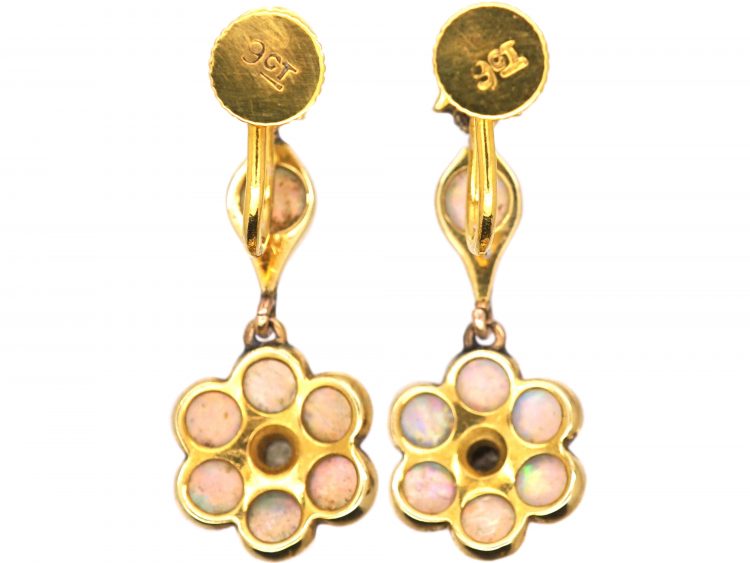 Edwardian 9ct Gold Cluster Drop Earrings set with Opals & Diamonds