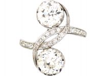 Art Nouveau Platinum, Two Stone Diamond Cross Over Ring