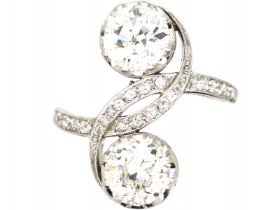 Art Nouveau Platinum, Two Stone Diamond Cross Over Ring