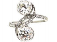 Art Nouveau Platinum, Two Stone Diamond Cross Over Ring