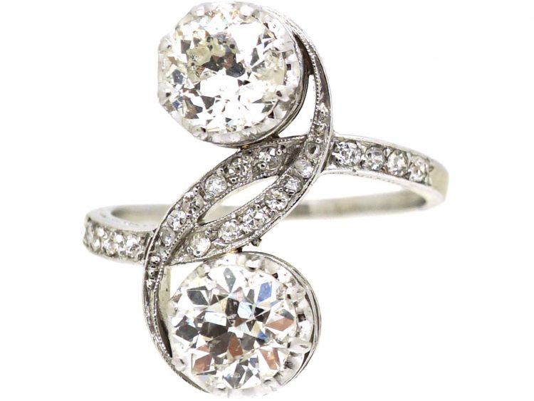 Art Nouveau Platinum, Two Stone Diamond Cross Over Ring