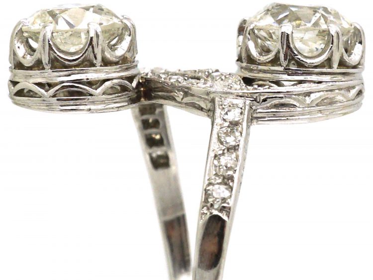 Art Nouveau Platinum, Two Stone Diamond Cross Over Ring